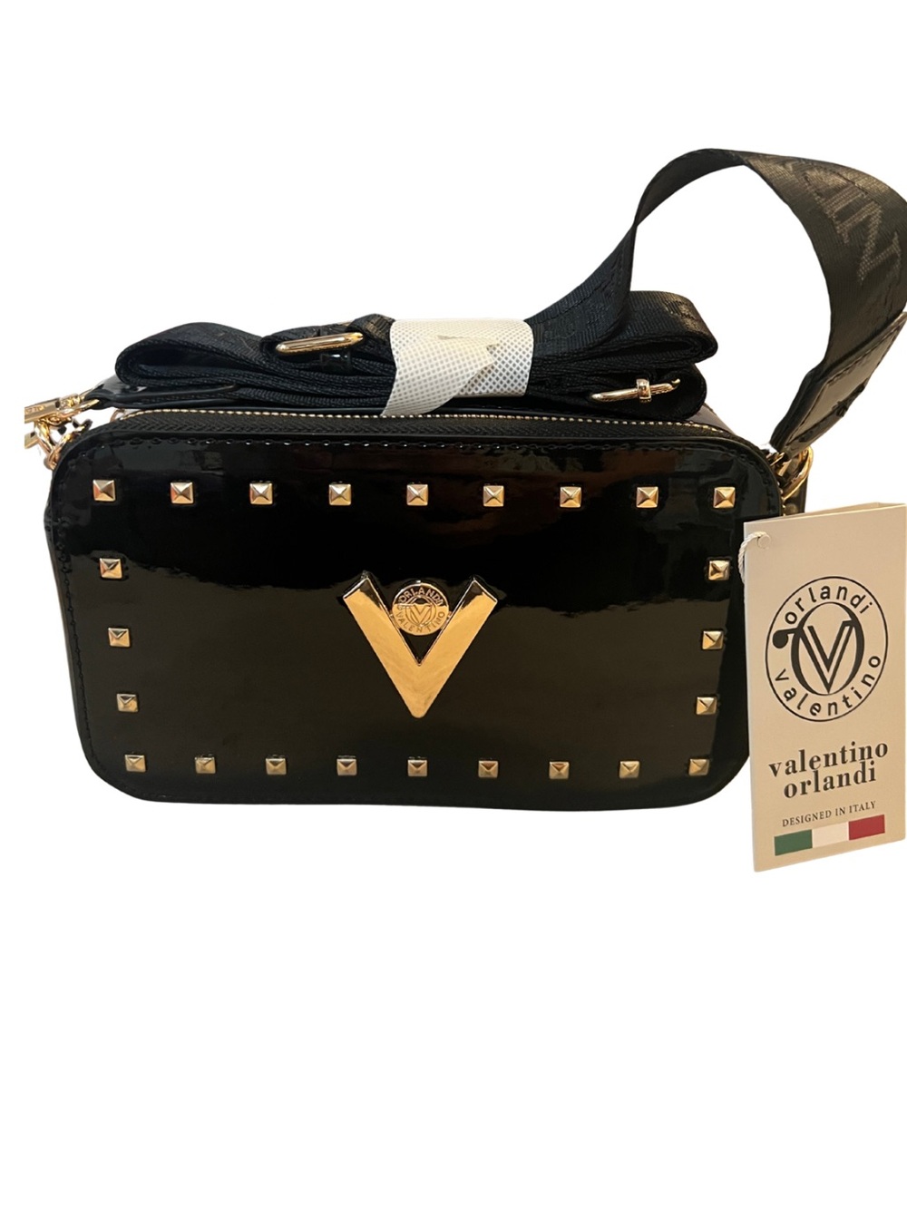 Valentino Orlandi Black Patent Leather Studded Crossbody Bag NWT